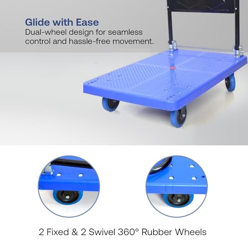 Image of BonKaso 300Kg Heavy-Duty Foldable Platform Trolley | Plastic Hand Truck with 4 Wheels & Cushioned Grip Handle | Durable Material Cart for Home, Office, Warehouse & Industrial Use (90x60x86cm, Blue)
