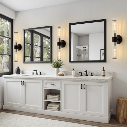 Image of Bathroom Light Fixtures, Black Gold Wall Sconce in Threaded Glass Vanity Light, Modern Bathroom Wall Light for Bedroom, Living Room - Bulb Not Included