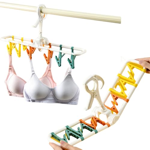 trrcylp Wäscheständer, zusammenklappbar, tragbar, mit 24 Clips, Socken, 360° drehbarer Haken zum Trocknen von Handtüchern, BHS, Kleidung, Handschuhen, Kunststoff, Weiß, 2 Stück