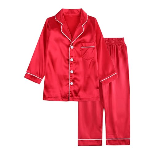 Boys Girls Silk 𝐏ajamas Set 2 Piece Button Sl𝐞epwear Long Sleeve Shirts Pants Solid 𝐏js Soft Loung𝐞wear for Teens