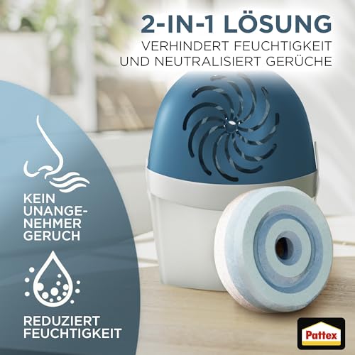 Foto von Pattex AERO 360º Luftentfeuchter, ultra-absorbierender Raumentfeuchter, hilft Kondenswasser, Schimmel- und Modergeruch zu vermeiden, nachfüllbarer Raumluftentfeuchter, 1 Gerät inkl. 1 Nachfülltab 450g