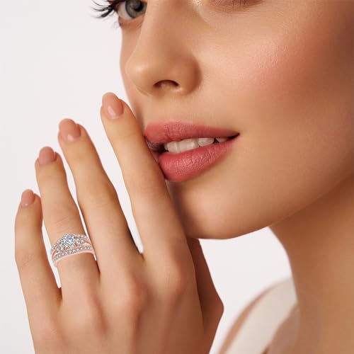 18K White/Rose Gold Plated Wedding Rings for Women 7MM Cubic Zirconia Rings Three-in-One Engagement Ring Set Bridal Promise Wedding Band Size 5-103