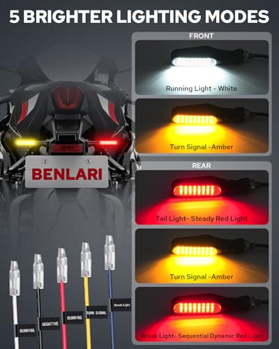 Image of Benlari 4PCS Flowing Motorcycle Turn Signals With Running Lights, Front & Rear Turn Signal Brake Light 12V Fit for Harley Honda Yamaha Triumph, White /Red /Amber