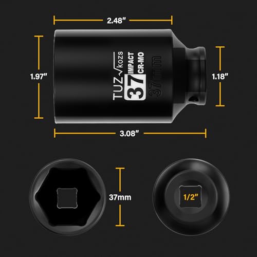 Image of 1 /2 Inch Drive 37mm Deep Metric Impact Socket,CR-MO,6 Point Radius Corner Design,Square Chamfered Opening,Axle Nut Impact Grade Socket for Easy Removal