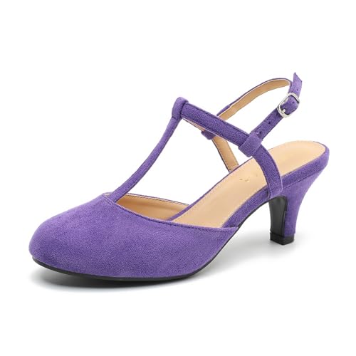 LIURUIJIA Women's T Strap Kitten Heels Closed Toe Slingback Pumps, Low Heel Dress Shoes with Buckle for Retro Party Office Wedding Purple Velvet 8.5