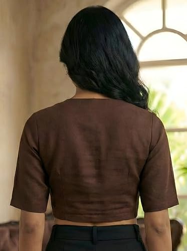 Image of Yash Gallery Women's Stretchable Rayon Lycra V-Neck Short Sleeve Front Open with Hook Stylish Crop Blouse Top for Ethnic Beige Designer Festive Choli Blouse