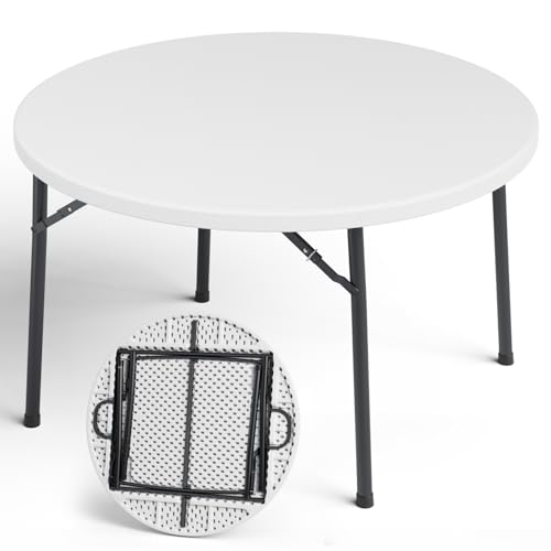 MAKE CHANGES 48' Folding Round Table, Heavy Duty Plastic Commercial Dinner Table with Foldable Steel Legs, Portable Banquet Table for Wedding, Party, Events, Indoor, Outdoor, White