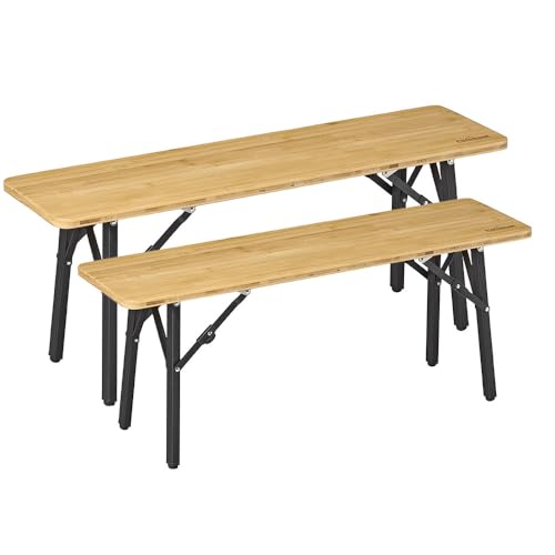 Campout Campingbank - 100 x 27 x 39 cm - 2er Set Sitzbank - Bis 200 kg Belastbar - Leichte Bierbank - Zusammenklappbar - Klappbare Bank - Inklusive Tragetasche - Bambus