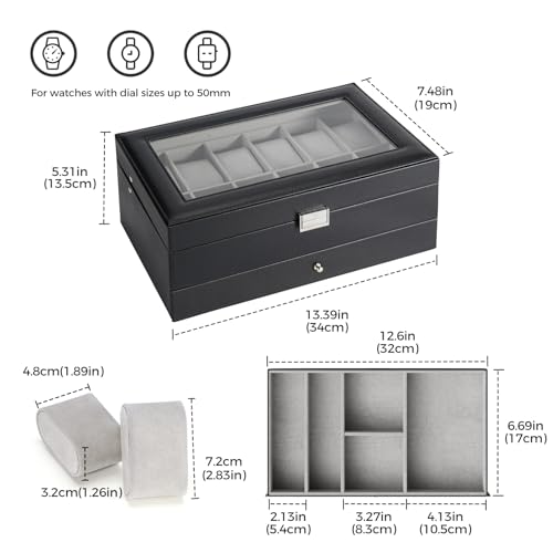 ProCase Watch Box, 12 Slot Mens Watch Case With Drawer, 2-Layer Watch Display Case With Glass Lid, Mens Jewelry Box Storage Holder Organizer, Birthday Valentine Gifts for Men -12Slot, Black by ProCase - Image 6