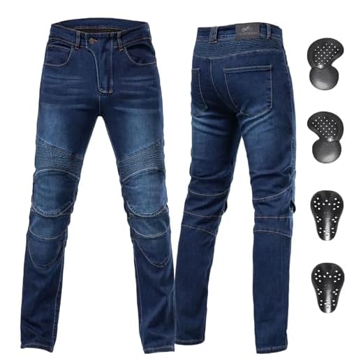 ForMTRider Pantaloni Moto Uomo con Armatura CE, Jeans Elastici in Denim per Tuta da Moto a Tutte Le Stagioni,Blu,38W/31L