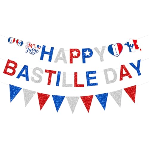 Image of Glittery Happy Bastille Day Banner French National Day Banner 14th of July Party Party Decoration Supplies for French National Day Bastille Day
