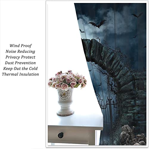 Gothic Blackout Curtains,Scary Retro Wooden Door Skeleton Skull Bat Halloween Theme Window Drapes For Kids Boys Girls Living Room Bedroom Decor Courtyard Porch Gazebo Decoration 52X84In #TOP3