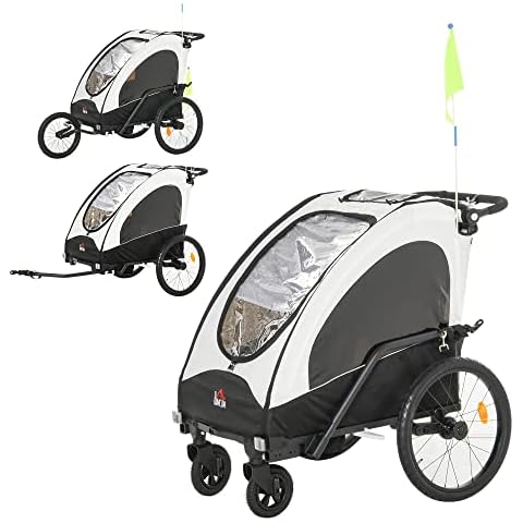 HOMCOM 3 in 1 Kinderanhänger Aluminium Kinder Jogger Fahrradanhänger Radanhänger für 2 Kinder mit Fahne Weiß+Schwarz 150 x 85 x 107 cm Cover