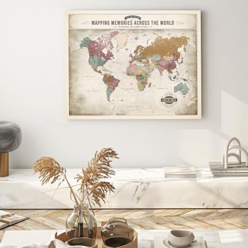 Image of DECORARTS - Large World Travel Map with Pins, Pin Board Canvas Wall Art, Soft Vintage Pastel World Maps for Wall, Giclee Print on Canvas, Handcrafted in USA, 35x28''