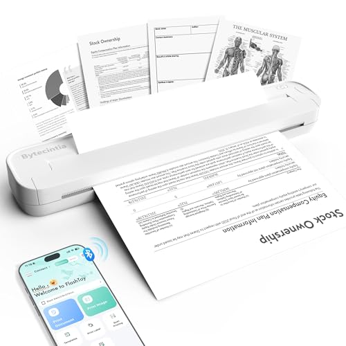 ByteCintia Imprimante Thermique A4 sans Encre, Bluetooth sans Fil Compatible avec iOS Android Mac Windows, Imprimante de Voyage Ultra-légère 450g pour Télétravail, Reçus et Pochoir Tatouage, Blanc