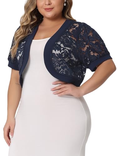 Image of Agnes Orinda Plus Size Cropped Cardigans for Women Open Front Short Sleeve Floral Lace Sheer Bolero Shrugs for Dresses