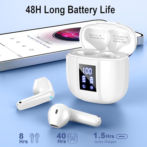Image of Wireless Earbuds, Bluetooth 5.4 Headphones, 48H, Stereo Ear Buds, LED Display Earphones with Mic, IP7 Waterproof In EarBud, Comfort Fit, Bluetooth Earbuds for Phone Android iOS, Sport, Walk, White