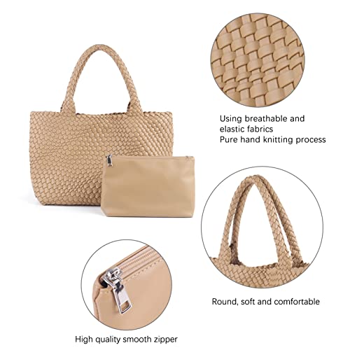 Image of Woven Tote Bag for Women Retro Handwoven Shoulder Travel Handbag Large Capacity Hobo Vegan Leather Bags with Purse