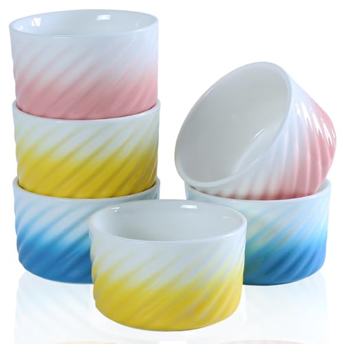 VIULIKT ramekins 6oz, Ceramic Creme Brulee Bowl, Souffles Dishes, Oven microwave safe, Pudding cup, Sauce bowl, Set of 6, Gradient Colors.