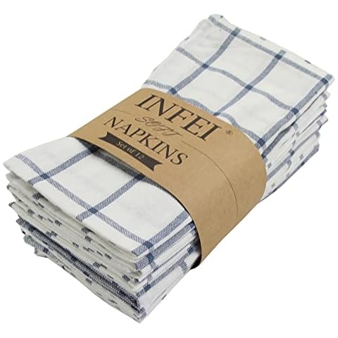 INFEI Soft Striped & Checked Cotton Dinner Napkins - Pack of 12 (17 x 17 inches) - for Events & Home Use (Checked) Cover