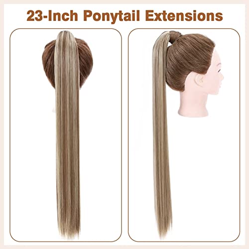 TESS Clip in Ponytail Extension Blonde 23",Hair Extensions Ponytail Synthetic Wrap Around Long Straight Fake Pony Tails Hair Pieces for Women(#12P24) - Image 4