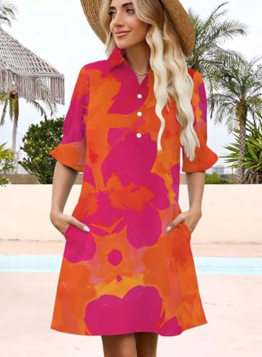 Image of Womens Summer Shirt Mini Dresses 2026 Beach | Flowy Shift Dress, Button V Neck, Polo Collar, Ruffle Short Sleeve, Floral Boho Style, Casual Vacation Outfits with Pockets