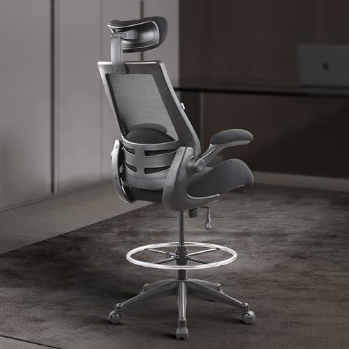 Image of BOLISS Drafting Chair Tall Office Chair with Flip-up Armrests Executive Ergonomic Computer Standing Desk Chair with Lumbar Support and Adjustable Big Footrest Ring (Black)
