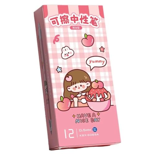 MotiBA12 Pcs Smooth Writing Eresable Gel Pen, Erasable Pen 0.5 mm, Erasable Pens with Magic Eraser, Kawaii Pens, Birthday Return Gifts for Kids -Blue Ink (Pink)