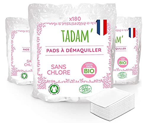 Tadam - 540 Carrés de Coton Bio à démaquiller - Lot de 3 Packs de 180 Pads de 8x10 cm- Fibre 100% Naturelle, 100% Coton Bio - Sans Chlore, Certifié Gots - Fabriqué en France