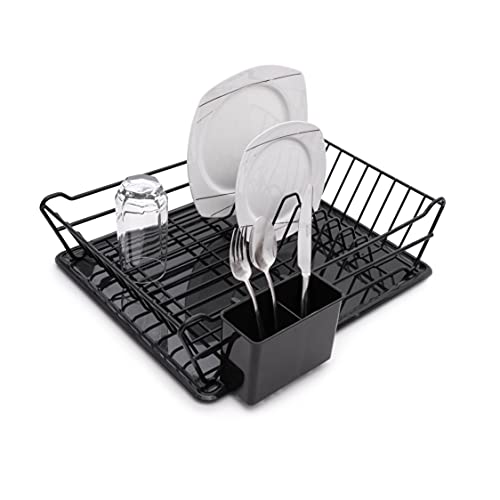 Égouttoir à vaisselle avec bac d'égouttement revêtu de PVC et inoxydable - Égouttoir à vaisselle avec bac d'égouttage, porte-couverts, porte-assiettes, égouttoir à vaisselle - Rack de séchage Cover