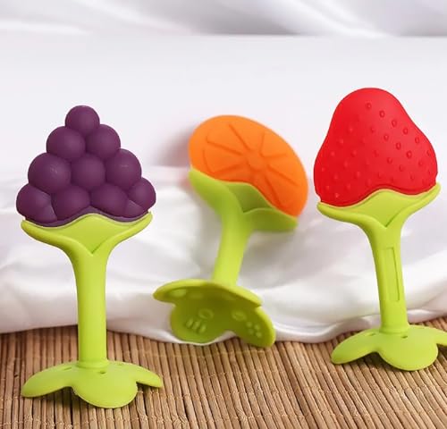 Image of GLUN Super Soft Silicone Baby Fruit Teething Toy for 0-12 Months, Pack of 5, BPA Free Silicone Soothing Teether Soft & Safe Gum Relief Toy