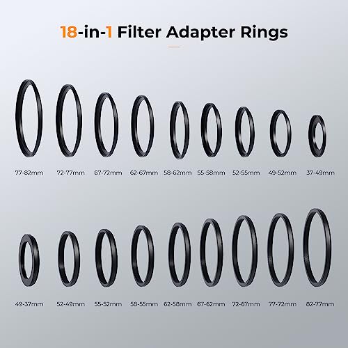 K&F Concept 18pcs Filter Ring Adapter Kit, 37 49 52 55 58 62 67 72 77 82mm 9Pcs Step Up Ring Set + 9Pcs Step Down Ring Adapter, Black