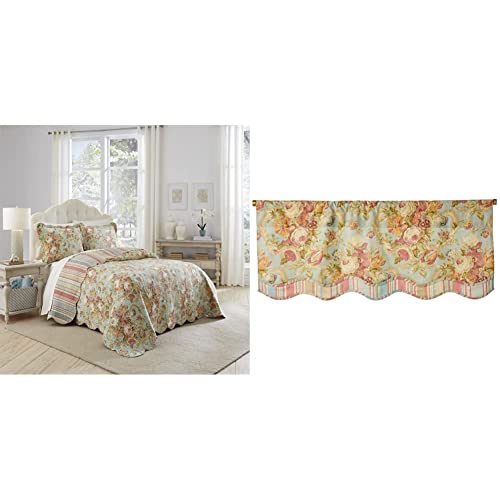 Waverly Spring Bling Modern Farmhouse Floral 3-Piece Reversible Quilt Bedding Bed Spread Set, Queen, Vapor & Spring Bling Valances For Windows Rod Pocket Curtains, 52" X 18", Vapor #TOP25