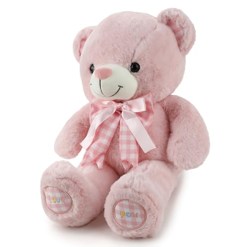 Image of Pink Teddy Bear Soft Toy for Kids, Girls & Boys | Cute Plush Stuffed Teddy with Ribbon Bow | Huggable Cuddly Toy for Birthday, Valentine's Day, Baby Shower & Gift