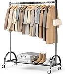 MISSLO Heavy Duty Clothes Rail on Wheels for Bedroom, Metal Clothes Rack Strong Clothing Garment Rack with Storage Bottom Shelf, Free standing Hanging Rails for Clothes, Coat, Black