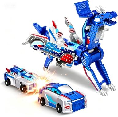 Collision Transforming Dinosaur Car Toy, 2-in-1 Magnetic Cars that Transform into Dino, No Batteries, Portable Travel Toys, Birthday Gifts for 3-12 Year Old Boys(Blue)
