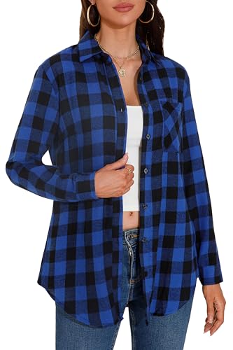 GUANYY Plaid Shirts for Women Long Sleeve Lightweight Button Down Cowgirl Shirt Long Flannel Blouse Blue Black X-Large