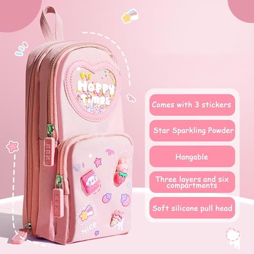 Image of Kawaii Cute 3 Compartment Pencil Case Aesthetic Pencil Case for Girls, Large Capacity Pencil Pouch Stationery Organizer for School Office Item (Pink)