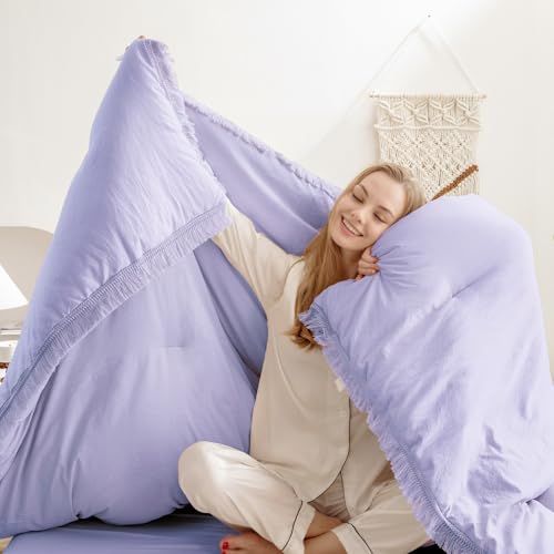 Image of Andency Comforter King Size Bed Set Lavender, Purple 3 Pieces Boho Lightweight Winter Bedding Comforters & Sets, All Season Soft Tassel Bed Set (104x90In Comforter & 2 Pillowcases)