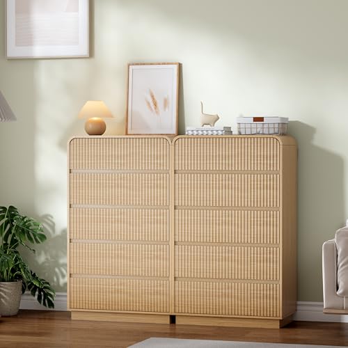 Image of Wodeer Natural Oak Dresser Fluted Tall 5 Drawer Dresser for Bedroom, Wood Chest of Drawers with Hidden Handles & Rounded Corners, Modern Storage Cabinet and Organizer Drawers for Living Room, Hallway
