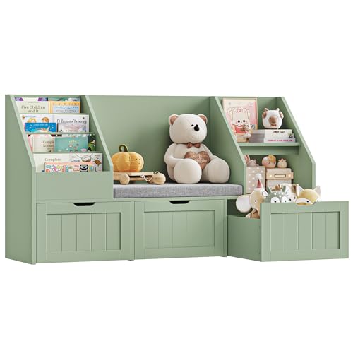 FOTOSOK 55.1’’ Kids Bookshelf with Reading Nook, Toy Storage Organizer with Seat Cushion and 3 Movable Drawers, Kids Reading Nook Toy Organizers and Storage with Bench for Playroom, Bedroom, Green