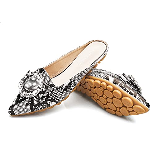 Vykf Mules For Women Flats Leather Comfortable Slip On Backless Loafers Rhinestone Wedding Pointed Toe Mules Shoes Closed Toe Slides For Women Snakeskin White Size 6 #TOP6