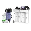 SimPure Whole House Water Filter Solution for Well and City Water, 10 inch Whole House Water Filter Housing DB10C with 10" x 4.5" CTO Carbon Filter Cartridges,Tankless Reverse Osmosis System