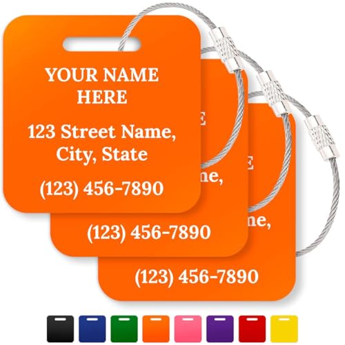 Custom Luggage Tags (3 or 6 Pack), Personalized Name Address for Suitcases,Backpack, Handbag, Travel Equipment Tag, 2x2 Inches, Acrylic Heavy Duty Made in The USA by My Sign Center-Orange