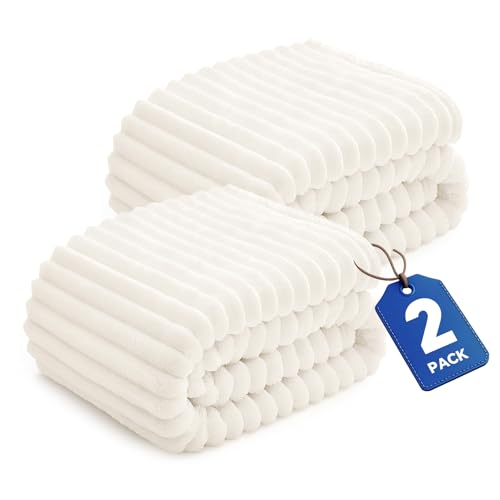 Image of BEDELITE Fleece Throw Blanket for Couch - 300GSM Soft & Warm Fluffy Cream White Blanket, Decorative and Giftable Striped Blankets for Women, Men, 50 inchx60 inch (Pack of 2)