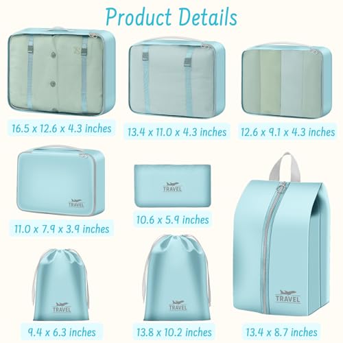 MOFELON Koffer Organizer - 8 Stück, Packing Cubes, Packwürfel für Rucksack, Travel Organizer Packtaschen Set mit Kleidertaschen Schuhbeutel Wäschebeute Kosmetiktasche, Reise Gadgets-Blau