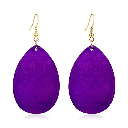 KaFu Dangle Natural Wood Teardrop Geometric Lightweight Drop Circle Earrings Stainless Steel Stud Bohemia Retro Earrings for Women