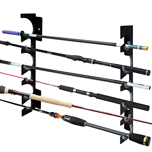 Vhelyom Fishing Rod Rack Holder| Wall Storage Rack For Fishing| Fishing Pole Rack On Wall| Heavy Duty Metal Fishing Pole Rack| Holds Up To 12 Rods For Garage, Cabin, Basement| 4 Pieces Black Rack #TOP4