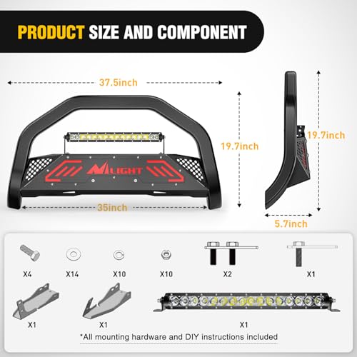 Image of Nilight Bull Bar with Light fits 2021-2024 Chevy Tahoe /Suburban(Excl. High Country Trim Front Bumper Grille Brush Push Guard with Skid Plate Licence Plate Hole Black