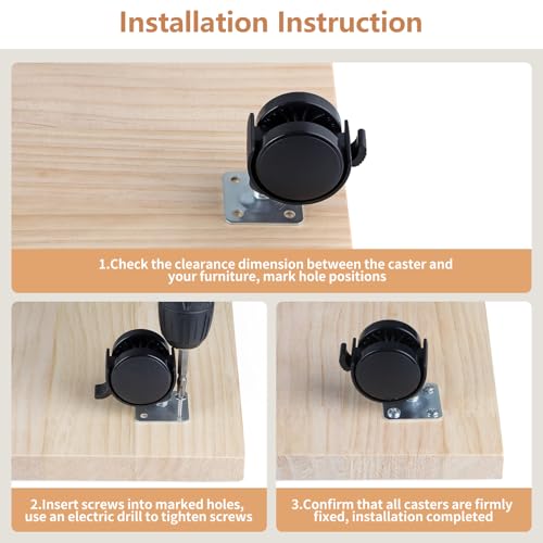 1.5" Small Nylon Plastic Plate Caster Wheels with Brake, Swivel Furniture Wheels, 50 lbs Load Capacity per Wheel, 4 Pcs